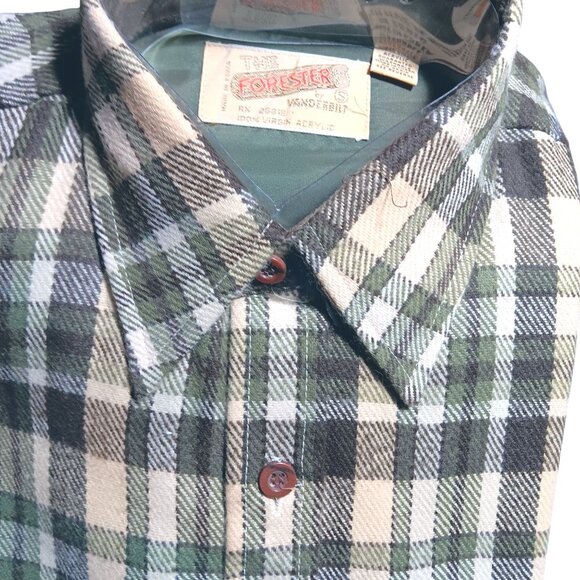 Small Flannel Shirt Vintage 1970's Mens Vanderbilt Plaid Green/Beige Acrylic NOS - Picture 3 of 5